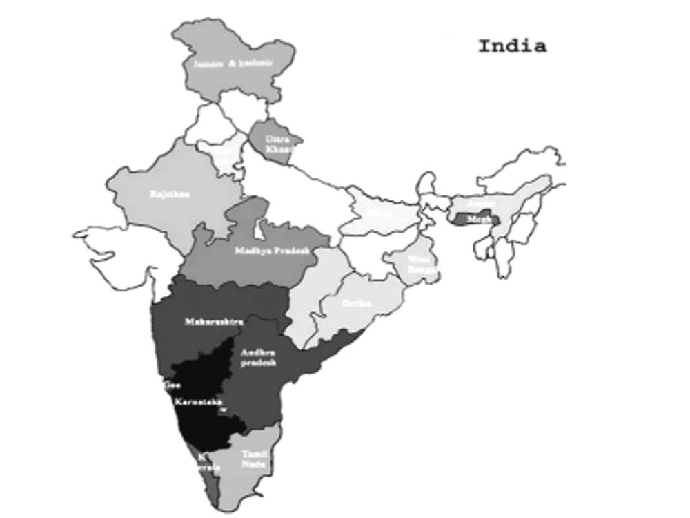 Map of India shaded by AMF species records per state